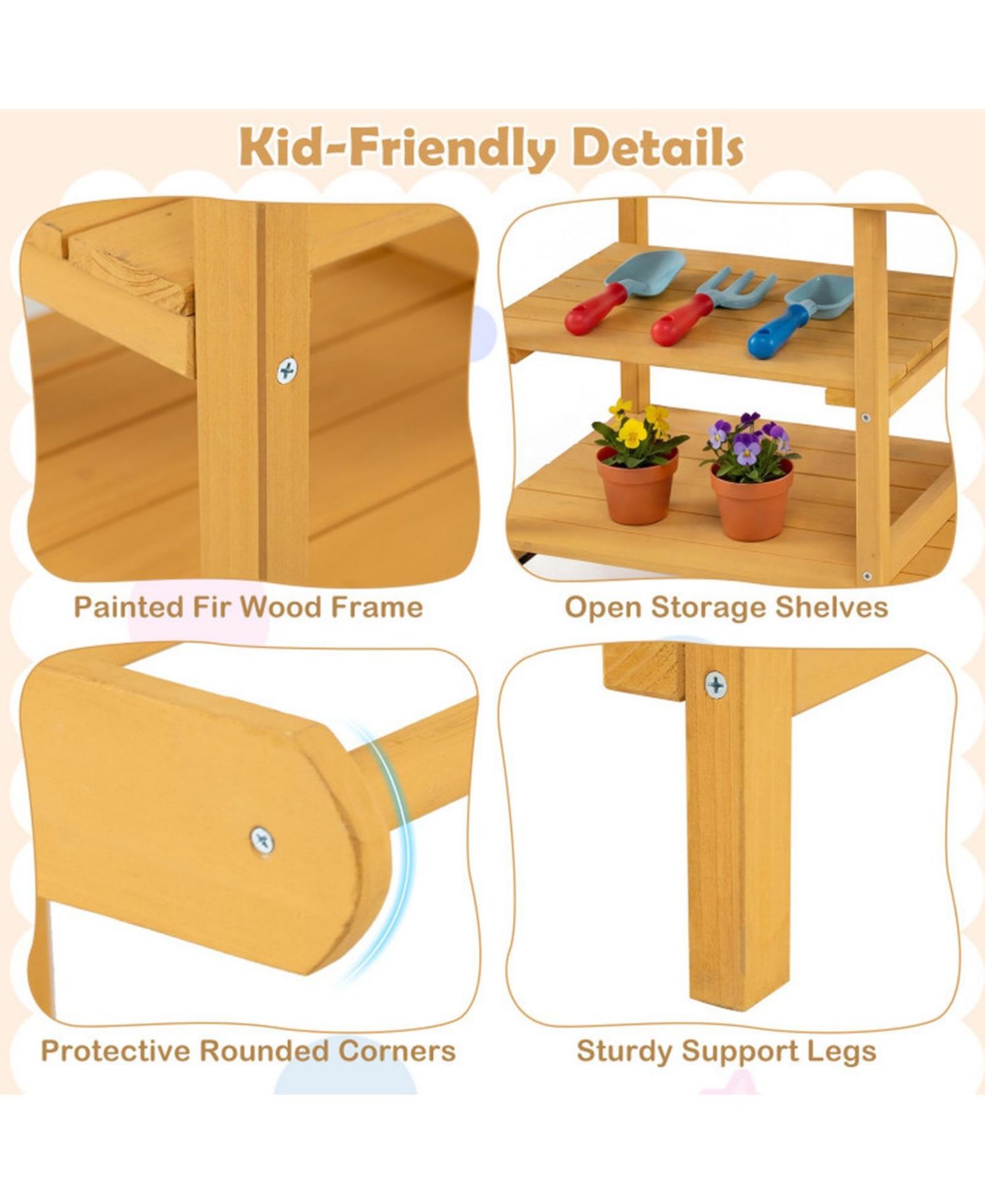 Детская игрушка SUGIFT Mobile Wooden Mud Kitchen with 3 Flowerpots and Cooking Accessories, Ages 3+, цвет: Жёлтый — фото 4