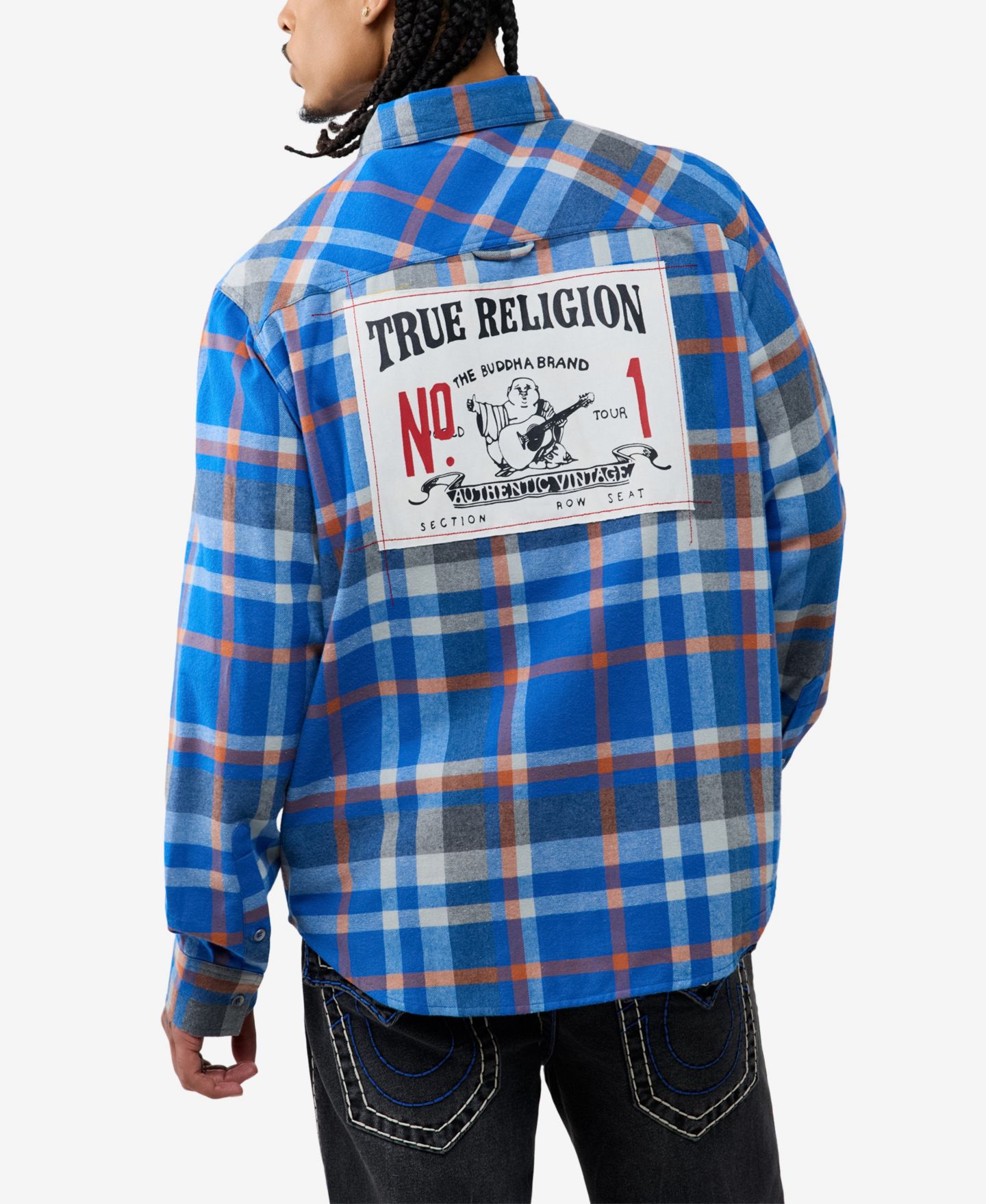 Мужская рубашка True Religion Flannel Plaid, цвет: Синий / Белый клетчатый — фото 1