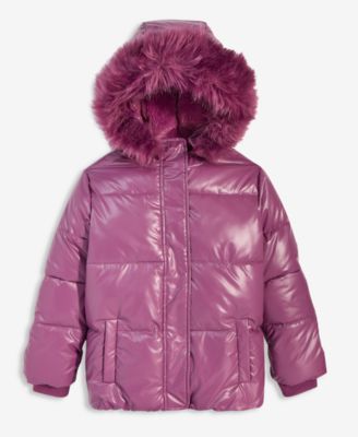 Girls' XS-XL Liquid Fashion Hooded Puffer Jacket with Faux-Fur Trim