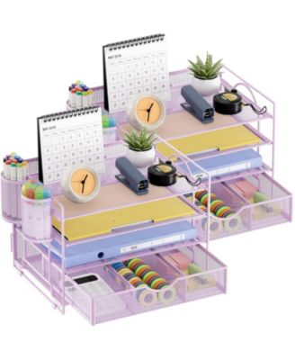 Metal Mesh Desk Organizer 4 Tier Sliding Trays Drawer Space Saving