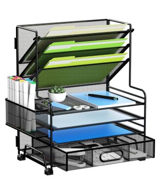 4-Tier Document Tray and 3-Slot File Organizer – Metal Desktop Storage Rack