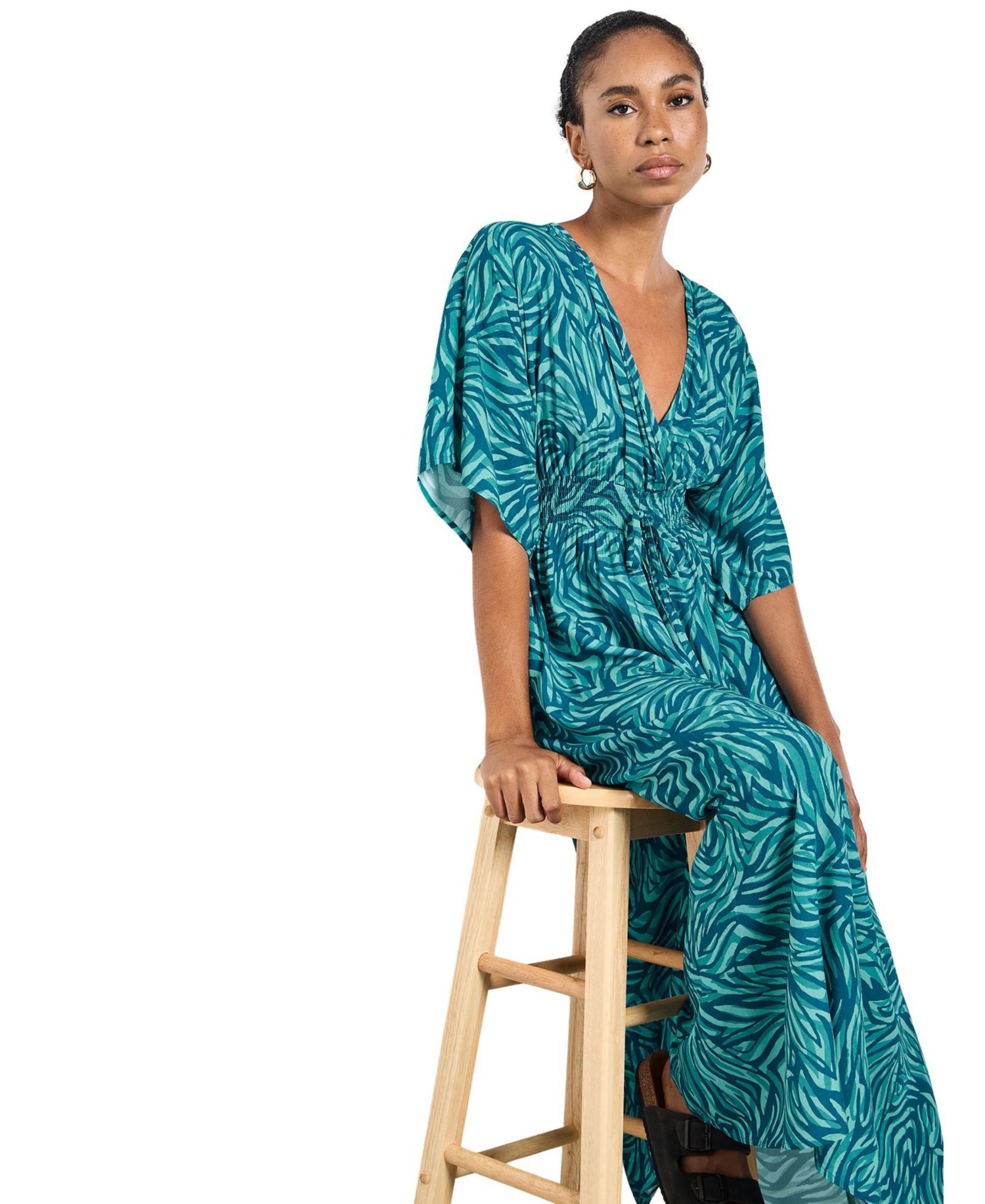 Women's Zebra-Print Smocked-Waist V-Neck Maxi Dress
