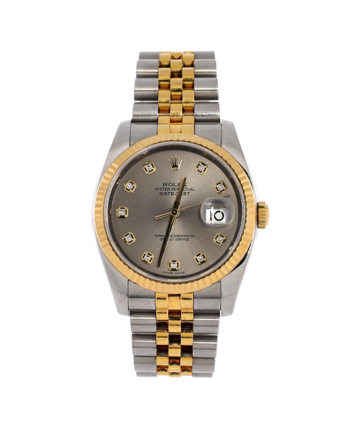 PreOwned Rolex Oyster Perpetual Datejust Automatic Watch in Stainless Steel and Gold with Diamond Markers 36mm  Dial color silver