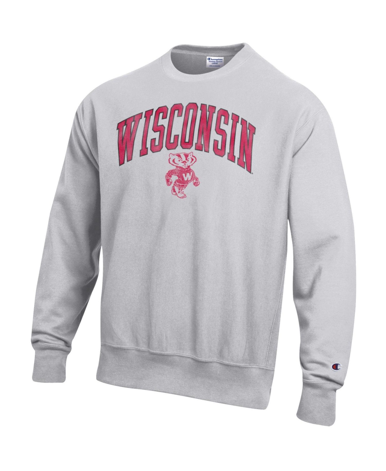 Men's Gray Wisconsin Badgers Distressed Arch Over Logo Reverse Weave Crew Neck Sweatshirt