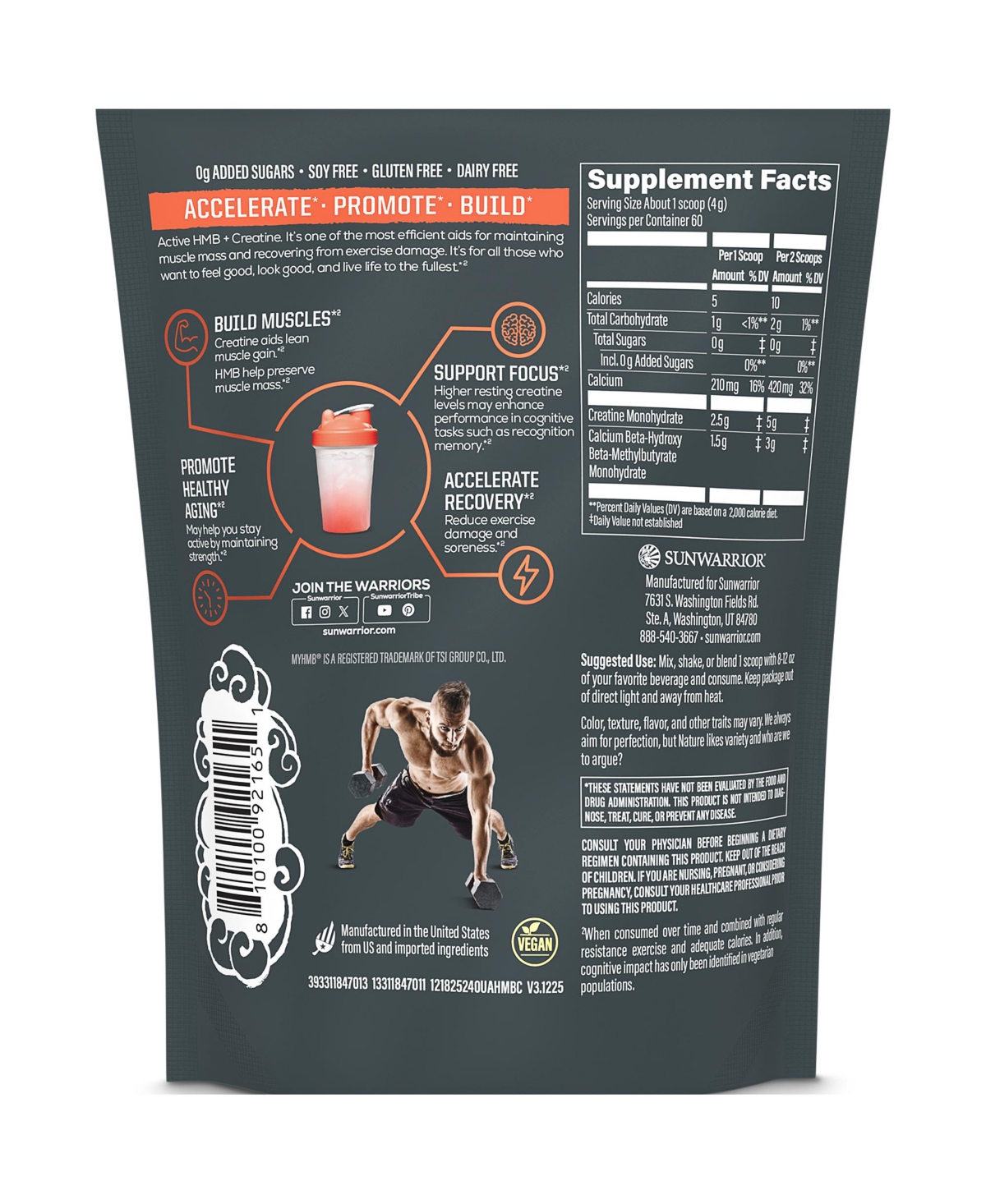 Sunwarrior Active Hmb Plus Creatine Powder, Unflavored, 240 Gram, 30 Servings