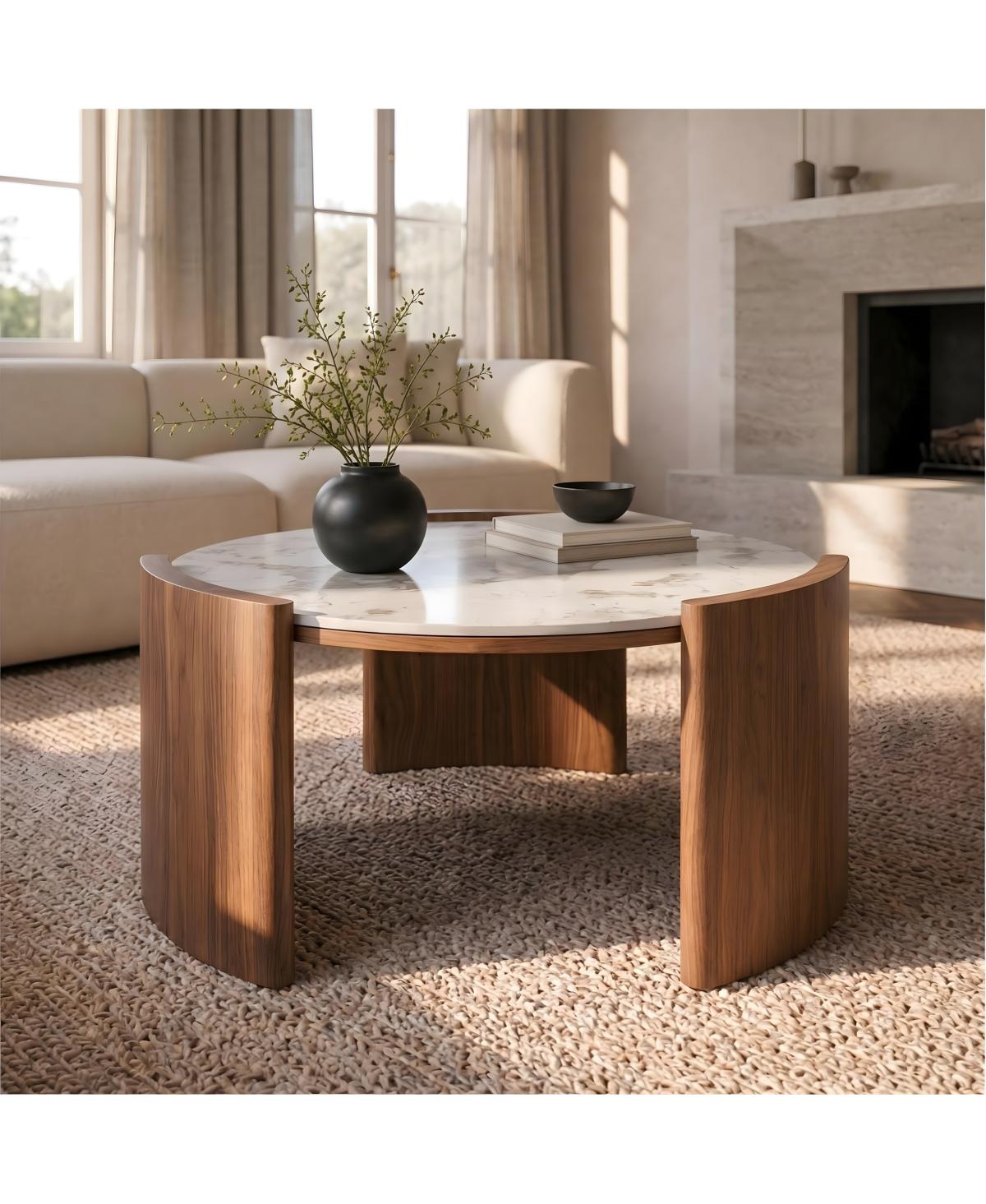 Streamdale Furniture Luxury Pandora Marble Sintered Stone Coffee Table with Walnut Legs
