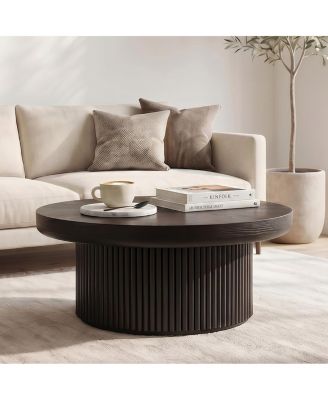  33.5" Round Fluted Wood Parquet Coffee Table, Mid-Century Modern Cocktail Table