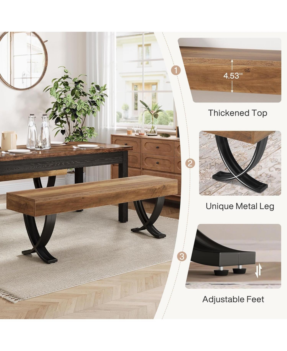 Tribesigns 55" Farmhouse Dining Bench:Wooden kitchen table seat with metal X-shaped legs.Long indoor bench for dining room,bedroom,entryway,mudroom
