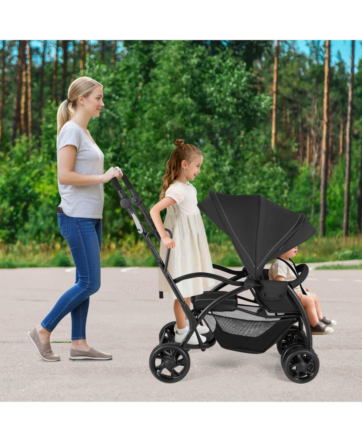 Costway Sit and Stand Double Stroller with Adjustable Handle Bar Backrests Footrest Canopies
