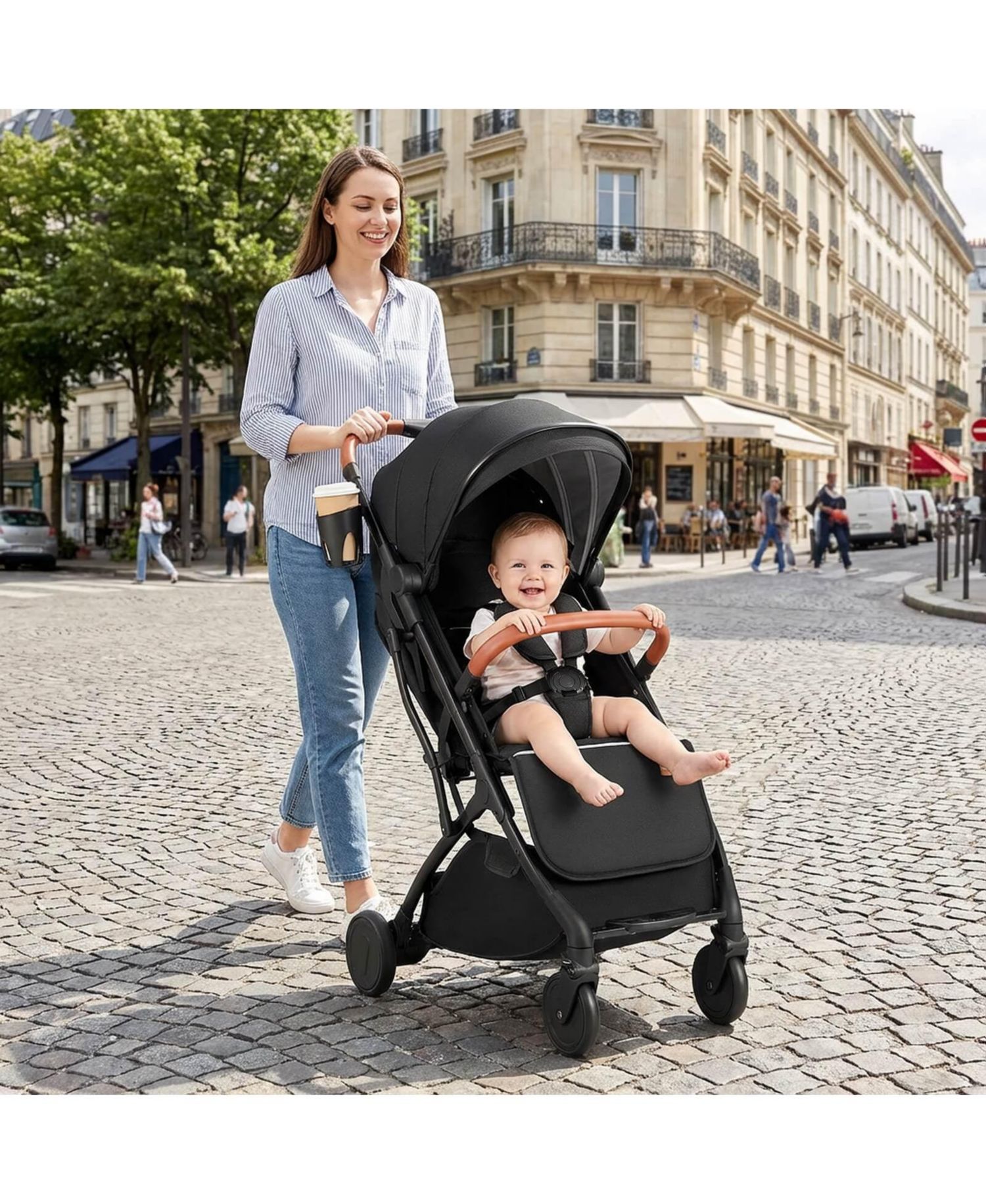 Lightweight Baby Stroller with One-Hand Folding, Extendable Canopy