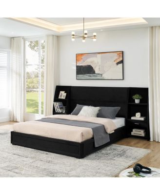  Queen Velvet Storage Platform Bed Frame with Bookcases and Drawer