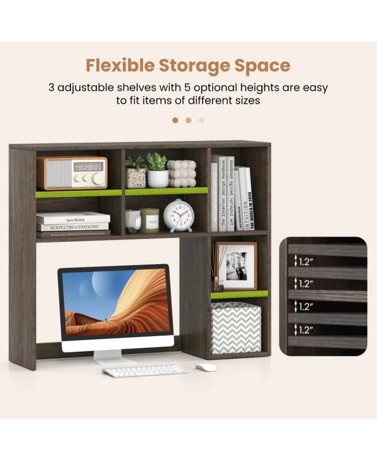 Sugift Desktop Bookshelf with 7 Open Cubbies and 3 Adjustable Shelves Vertical Desk Hutch Organizer