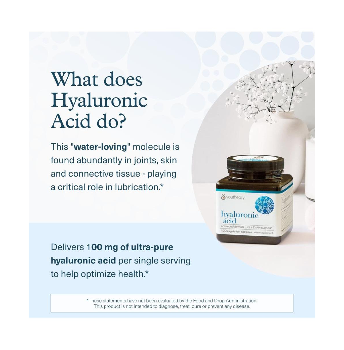 Youtheory Hyaluronic Acid Advanced Formula Joint Support Supplement with Boswellia Extract Skin Health Supplement 120 Vegetarian Capsules
