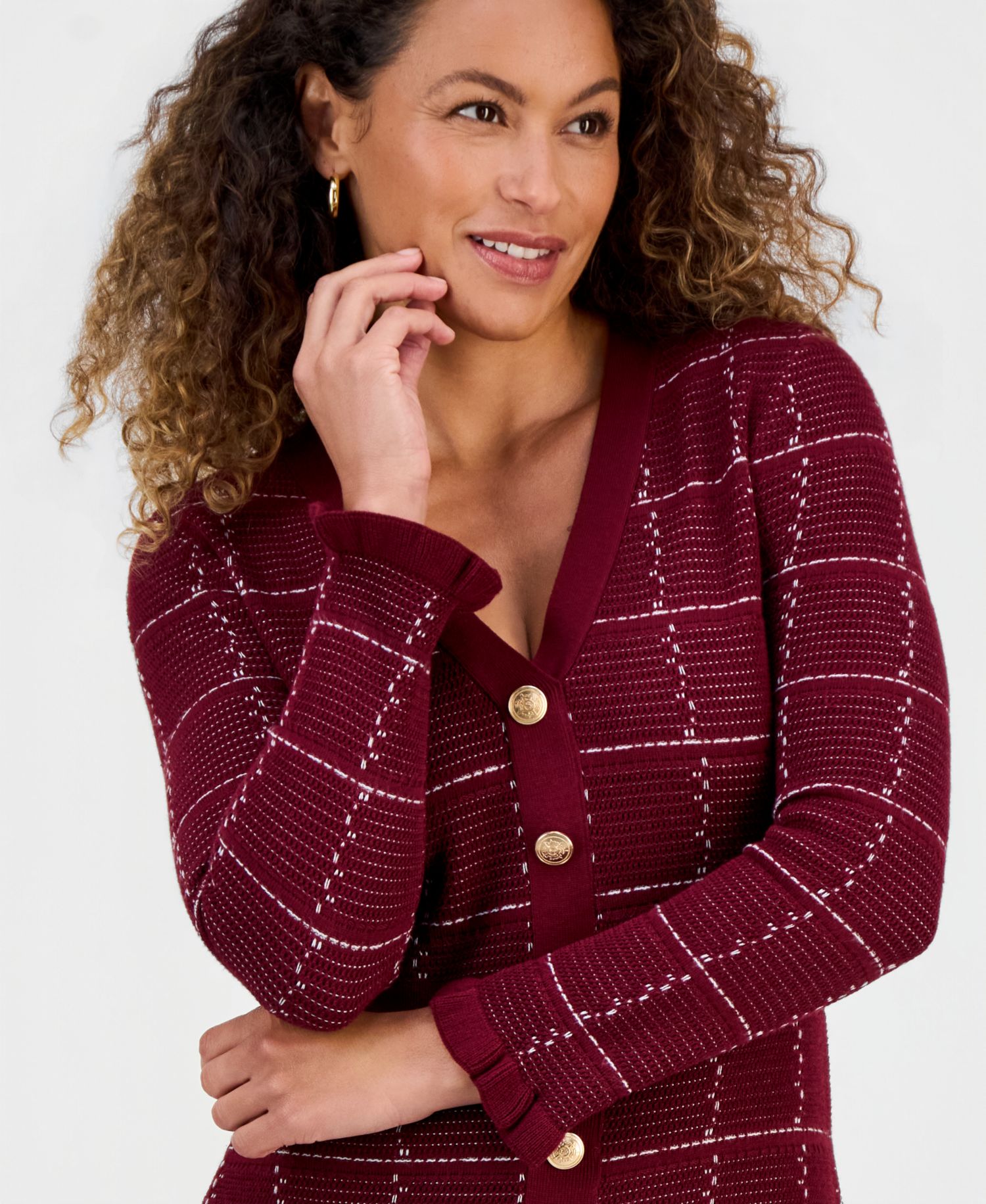 Petite Plaid-Print V-Neck Ruffle-Trim Sweater Midi Dress