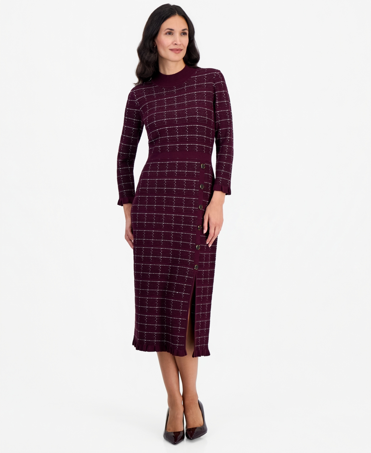 Sandra Darren Petite Plaid Mock Neck Long-sleeve Sweater Dress In Plum