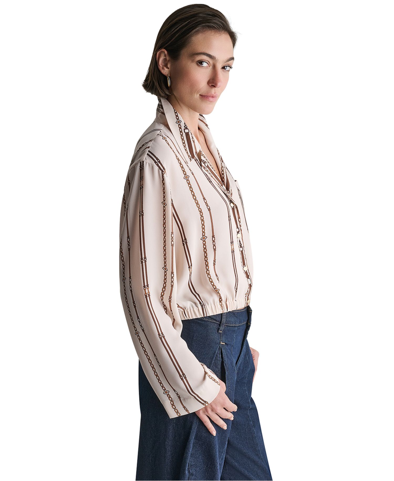 Women's Collared Long-Sleeve Crop Button-Up Top