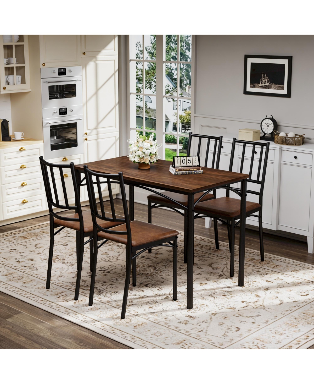 Flynama 4-Piece Industrial Dining Set, Table and 4 Pu Benches