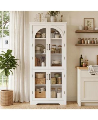 Kitchen Pantry Cabinet Modern Display Cabinet with 4 Arched Glass Doors and Adjustable Shelves