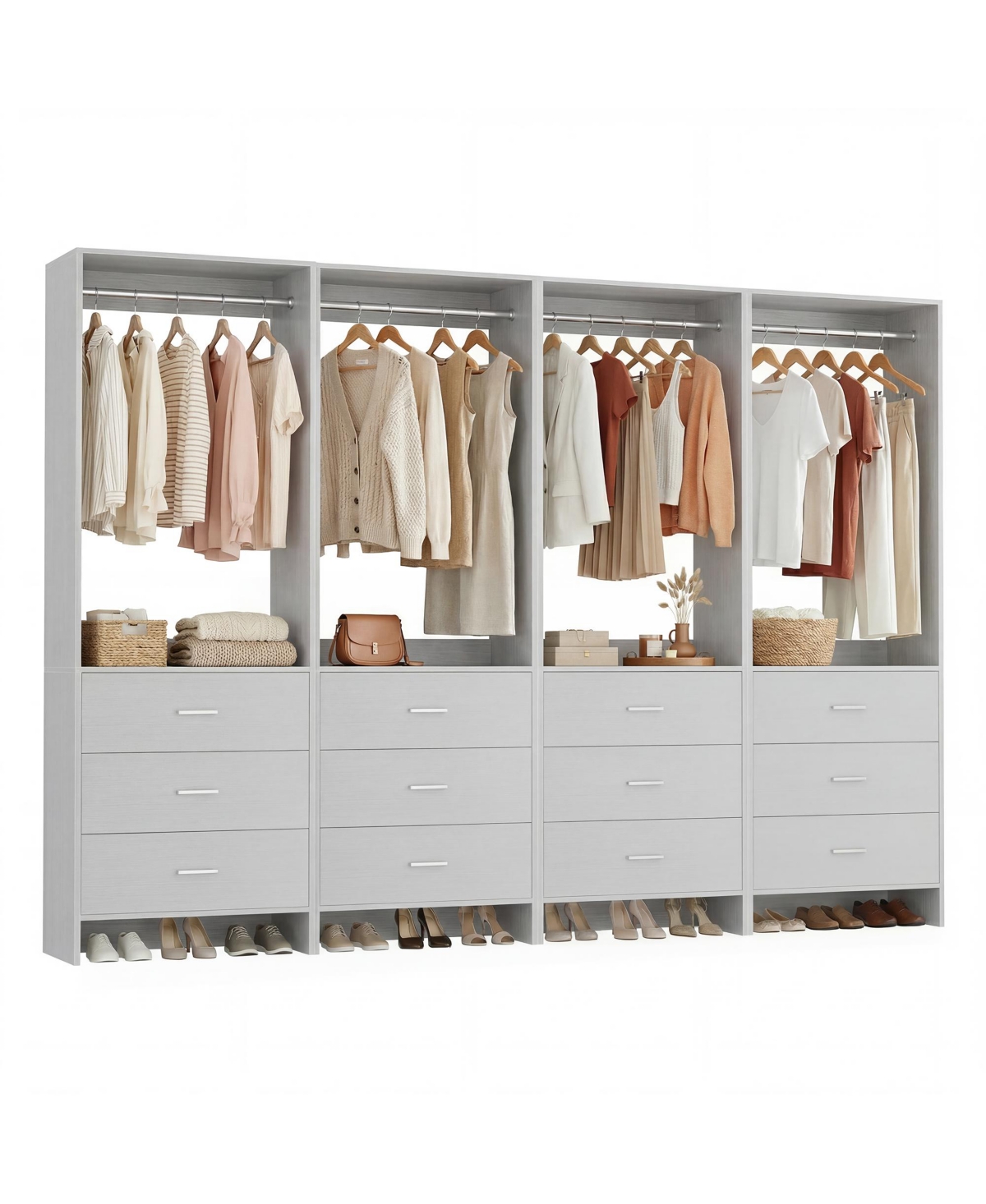 24" 4PC Freestanding Closet Organizer System with Hanging Rods and Drawers - Grey