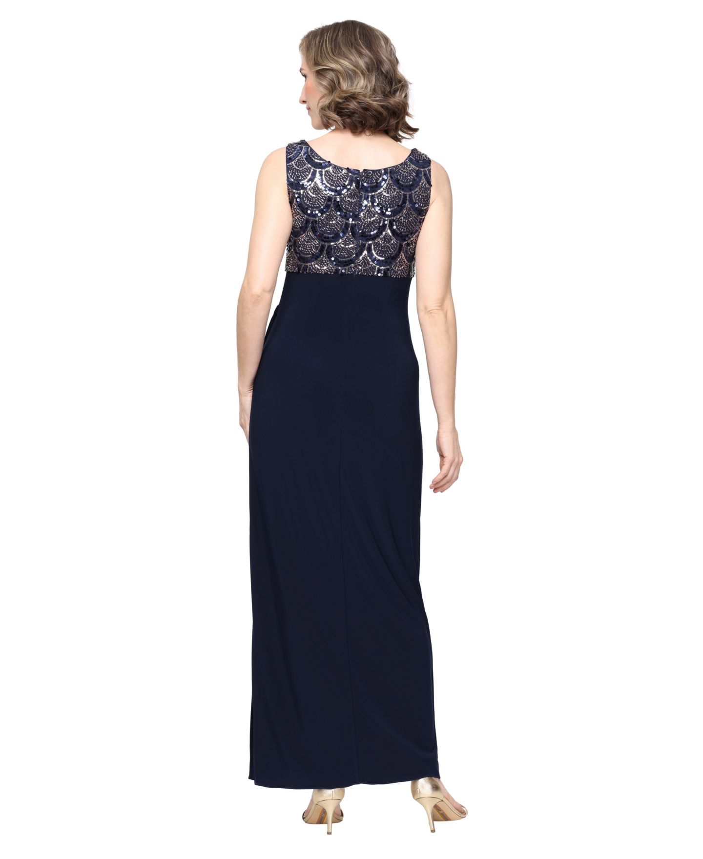 Женские платья Alex Evenings Scoop Neck Empire Waist Sequin Bodice Dress and Bolero Jacket Set, цвет: Тёмно-синий — фото 3