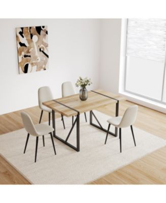 5-Piece 55" Wood Tone Dining Set, Linen Chairs and Metal Base