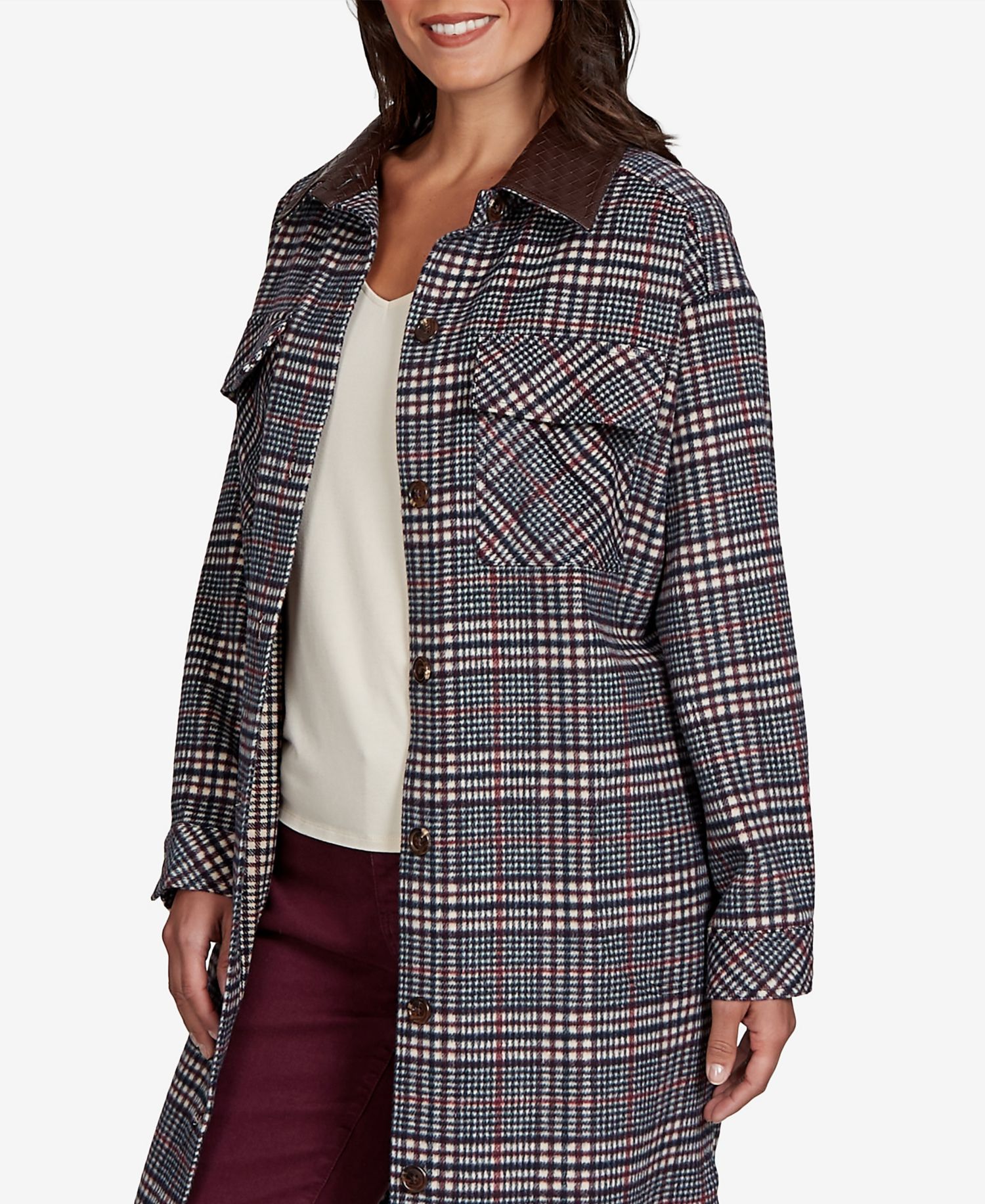 Petite Brushed Plaid Mid-Length Shirt Jacket