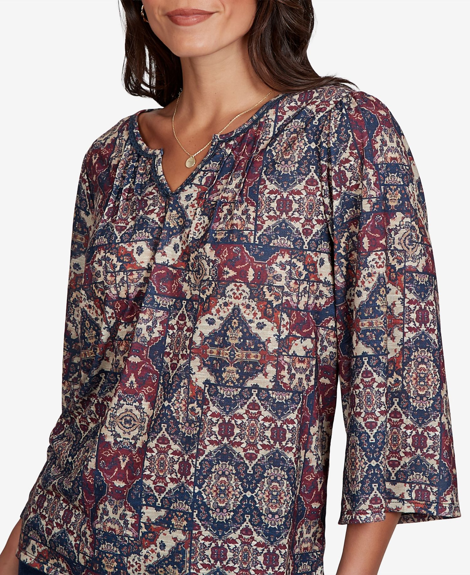 Petite Patchwork 3/4-Sleeve Henley Blouse