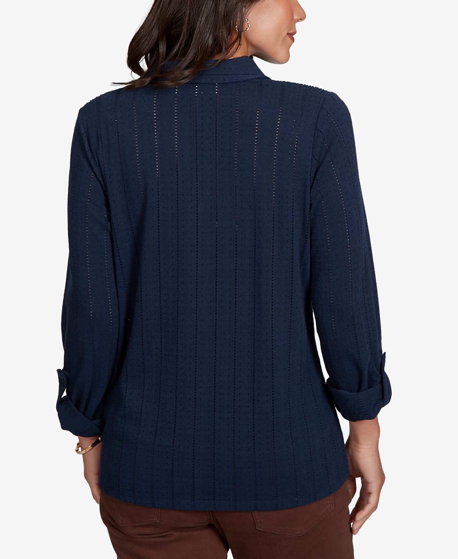 Petite Striped 3/4-Sleeve Henley Collar Blouse