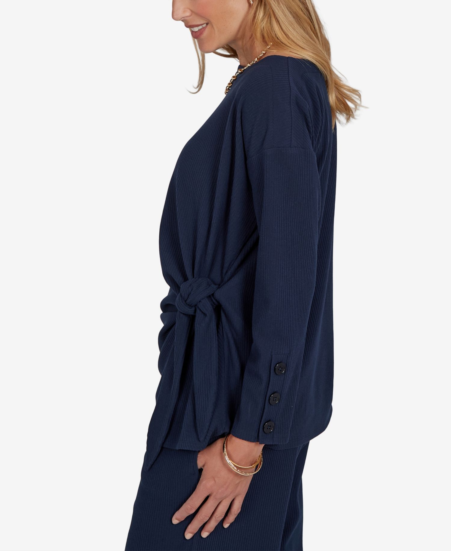 Petite Long-Sleeve Boat-Neck Side-Tie Top
