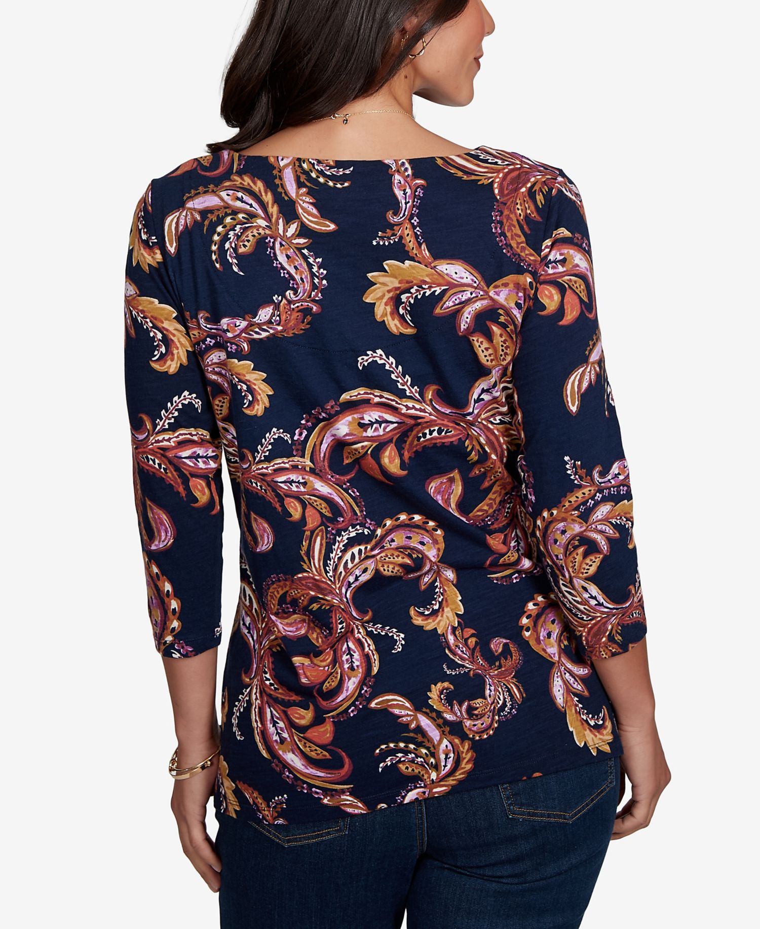 Petite Paisley-Print Boat Neck 3/4-Sleeve Top