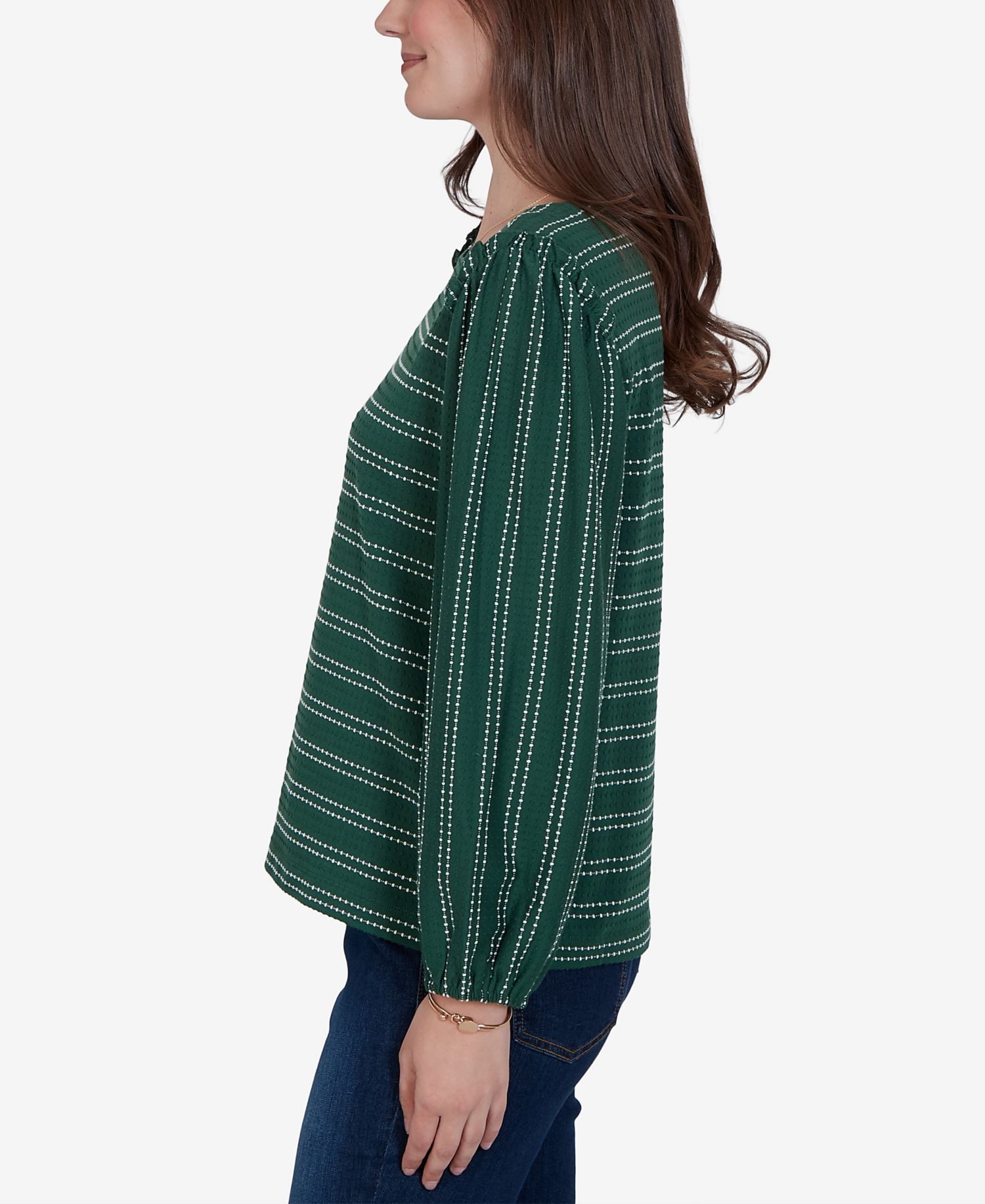 Petite Long-Sleeve Dobby-Stripe Crewneck Blouse