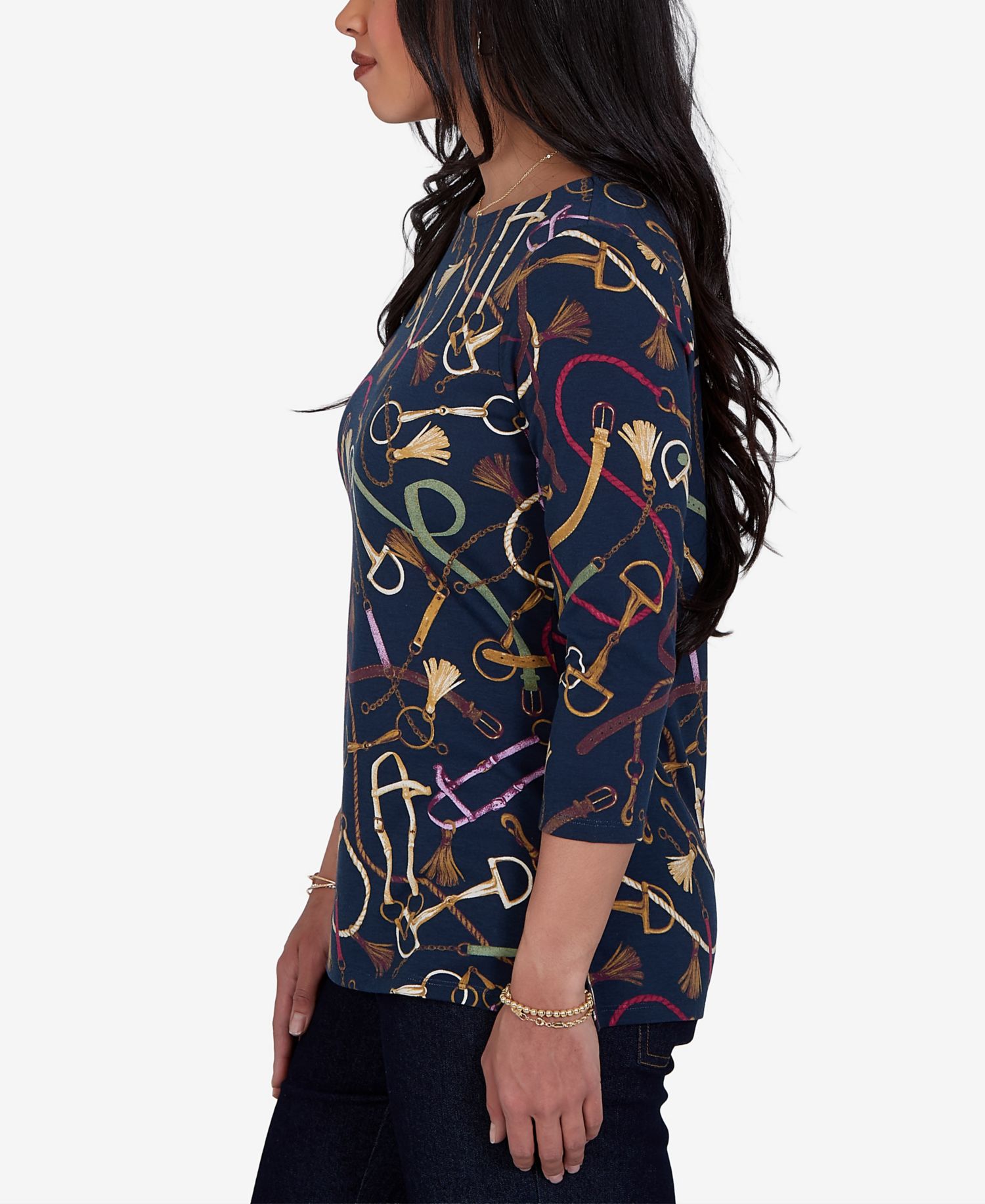 Petite Boat Neck 3/4-Sleeve Equestrian Print Blouse