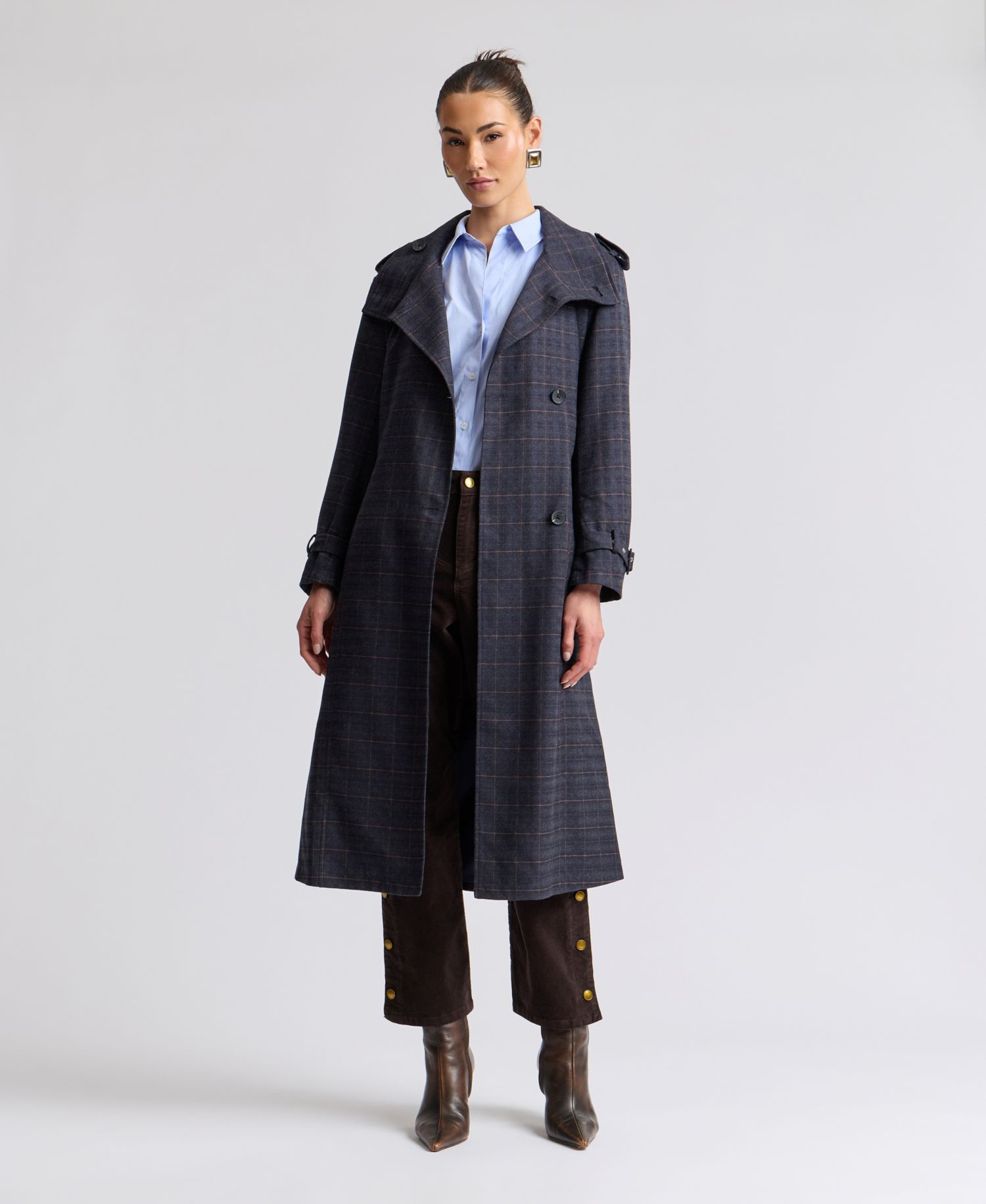 Women's Plaid Funnel Neck Belted Trench Coat