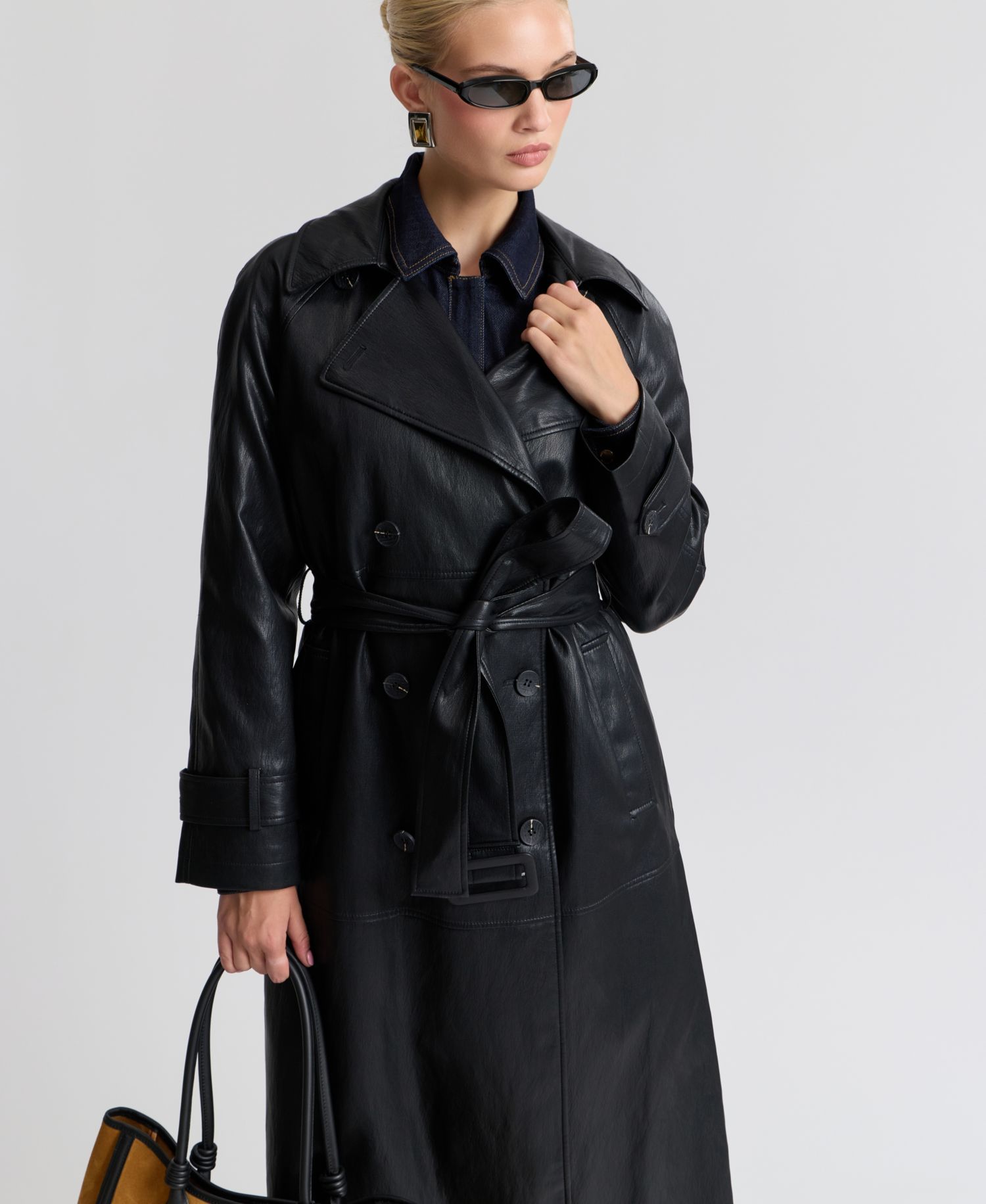 Women's Faux-Leather Belted Raglan-Sleeve Trench Coat