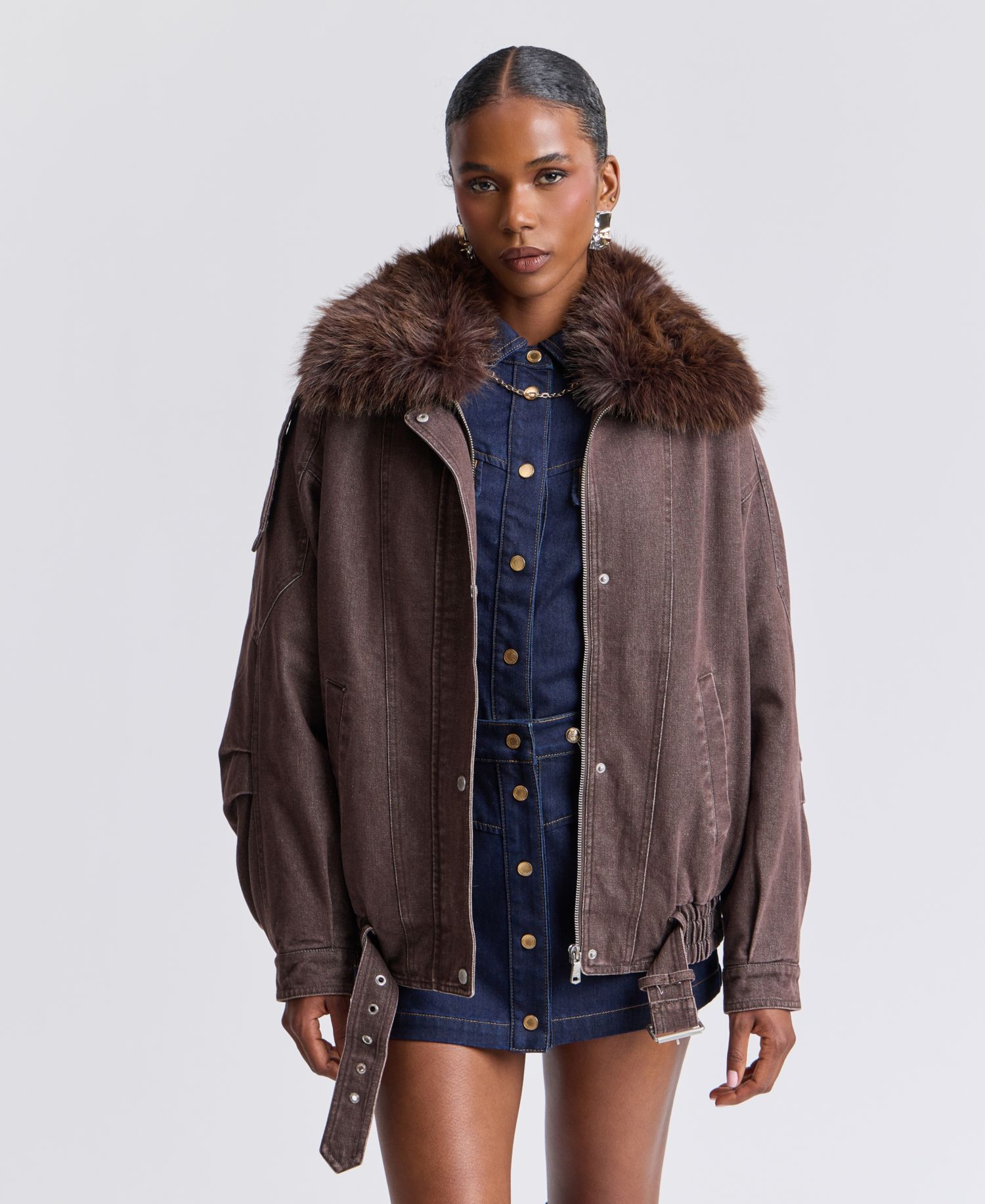 Women's Oversized-Fit Detachable Faux Fur Collar Bomber Coat