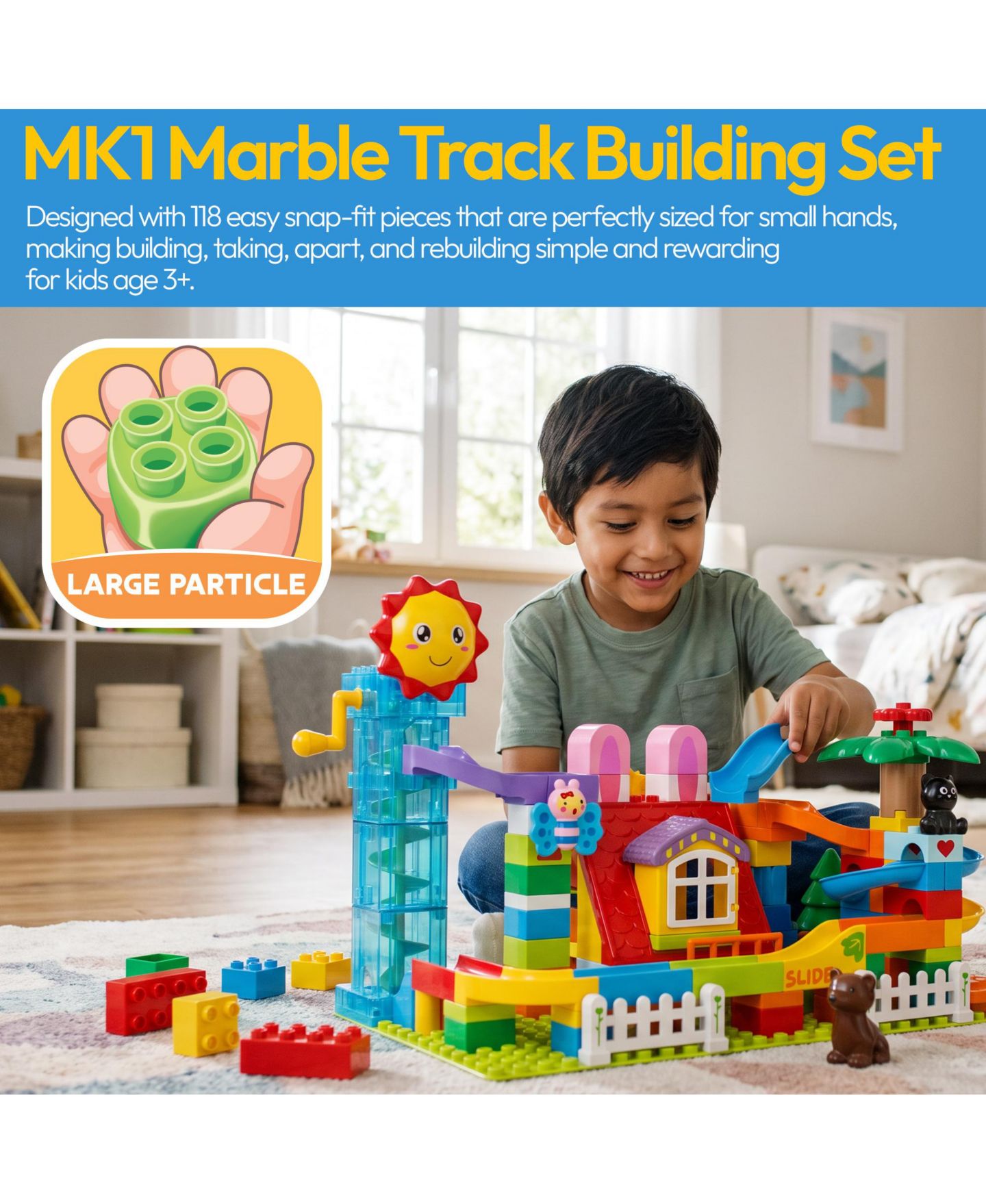 Детский конструктор Contixo MK1 Marble Track Building Set, 118-Piece Stem Toy with Elevator Lift, Rabbit House Scene and Multi-Lane Marble Run, Ages 3+, цвет: Разноцветный — фото 3