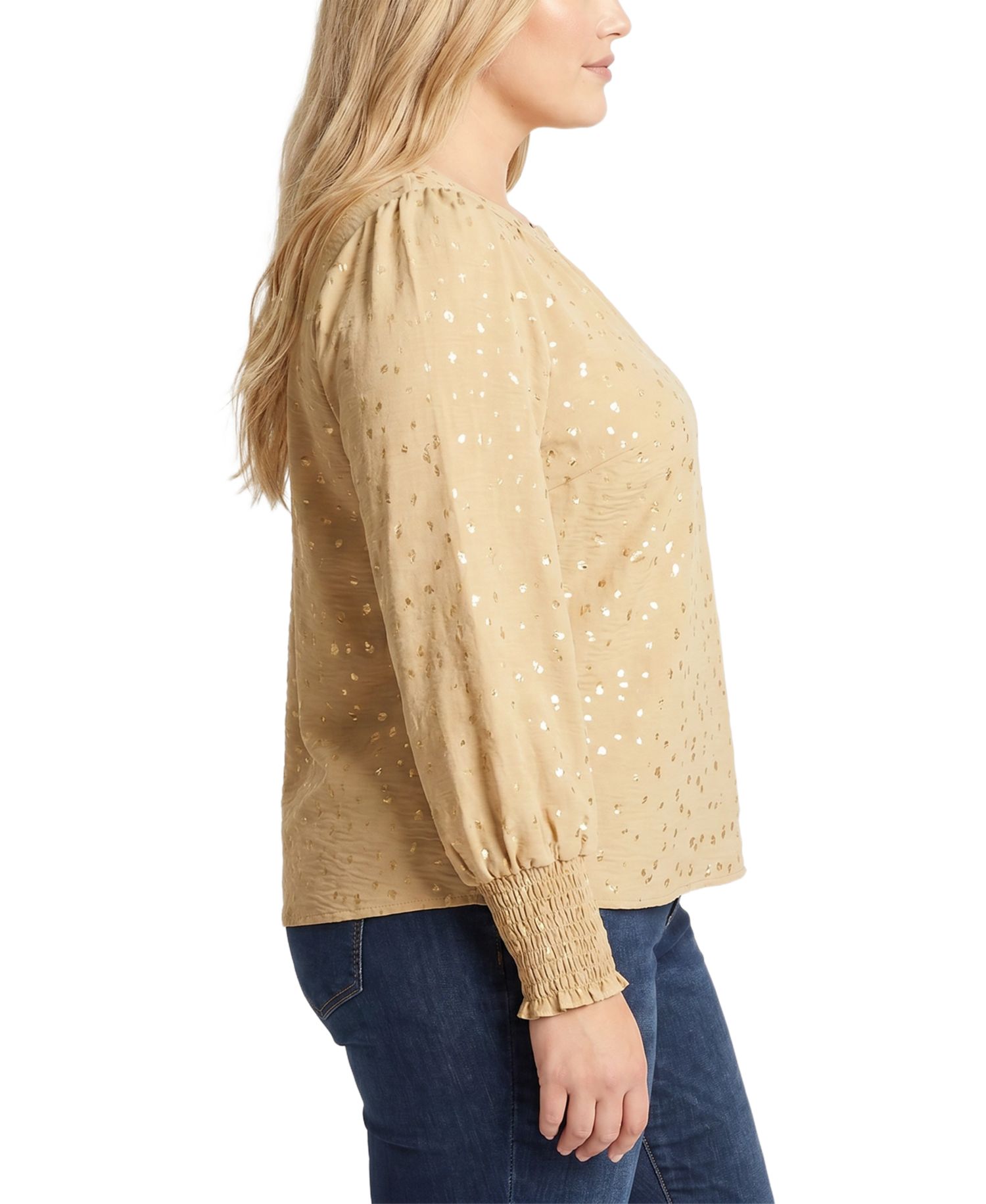 Plus Size Metallic-Dot Long-Sleeve Smocked-Cuff Blouse