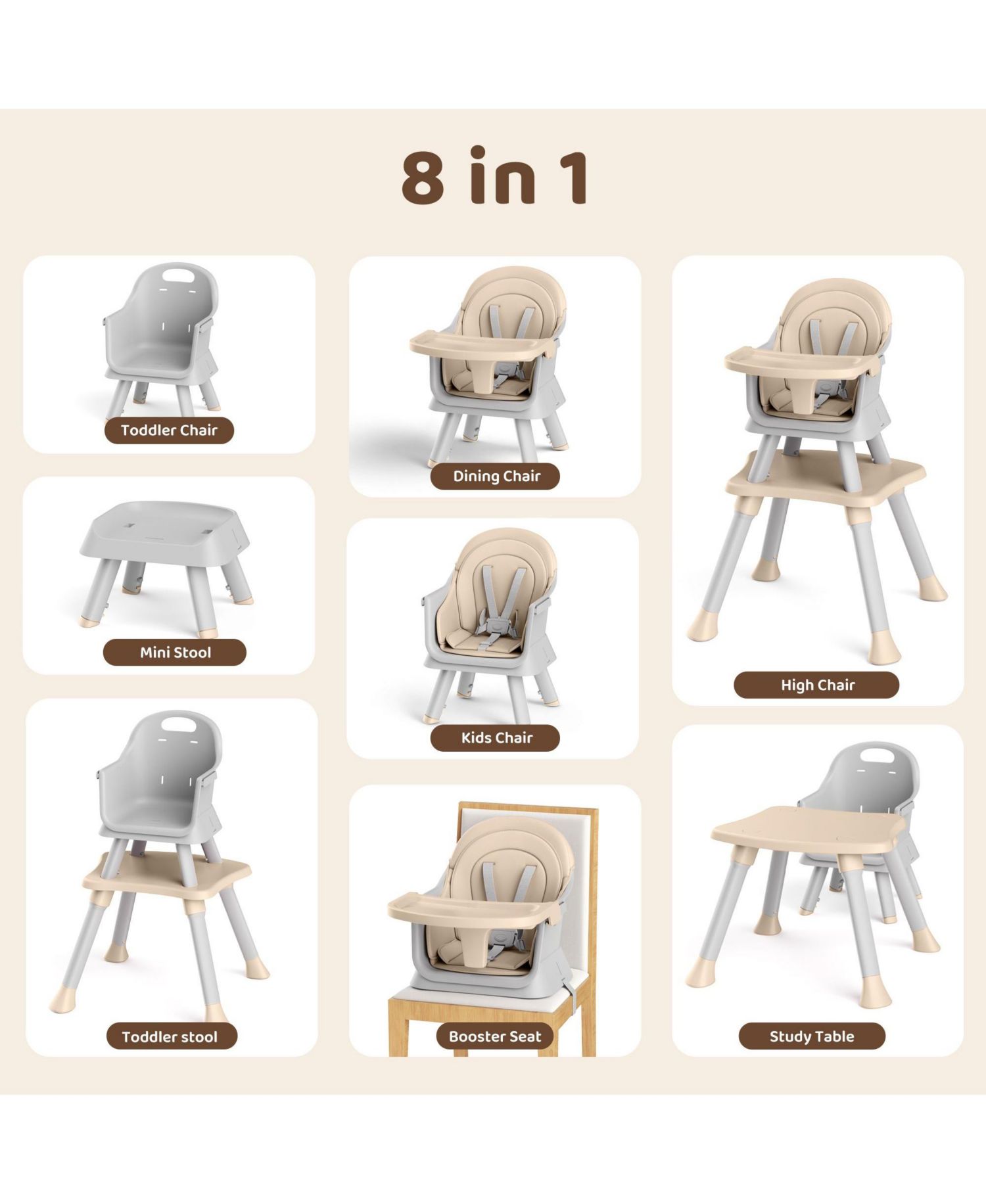8-in-1 Baby High Chair Converts to Booster Seat and Kids Table Set with Removable Tray