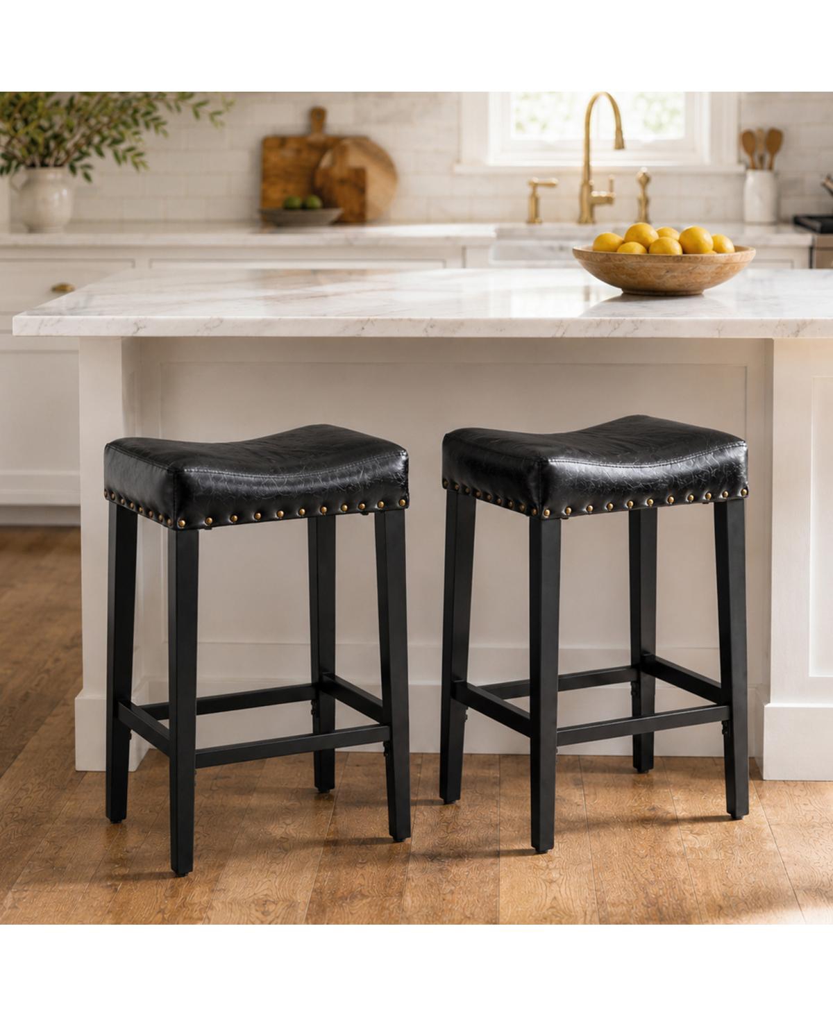 Streamdale Furniture 2-Piece 25.6" Oil Wax Leather Bar Stool Set with Footrest for Kitchen Island