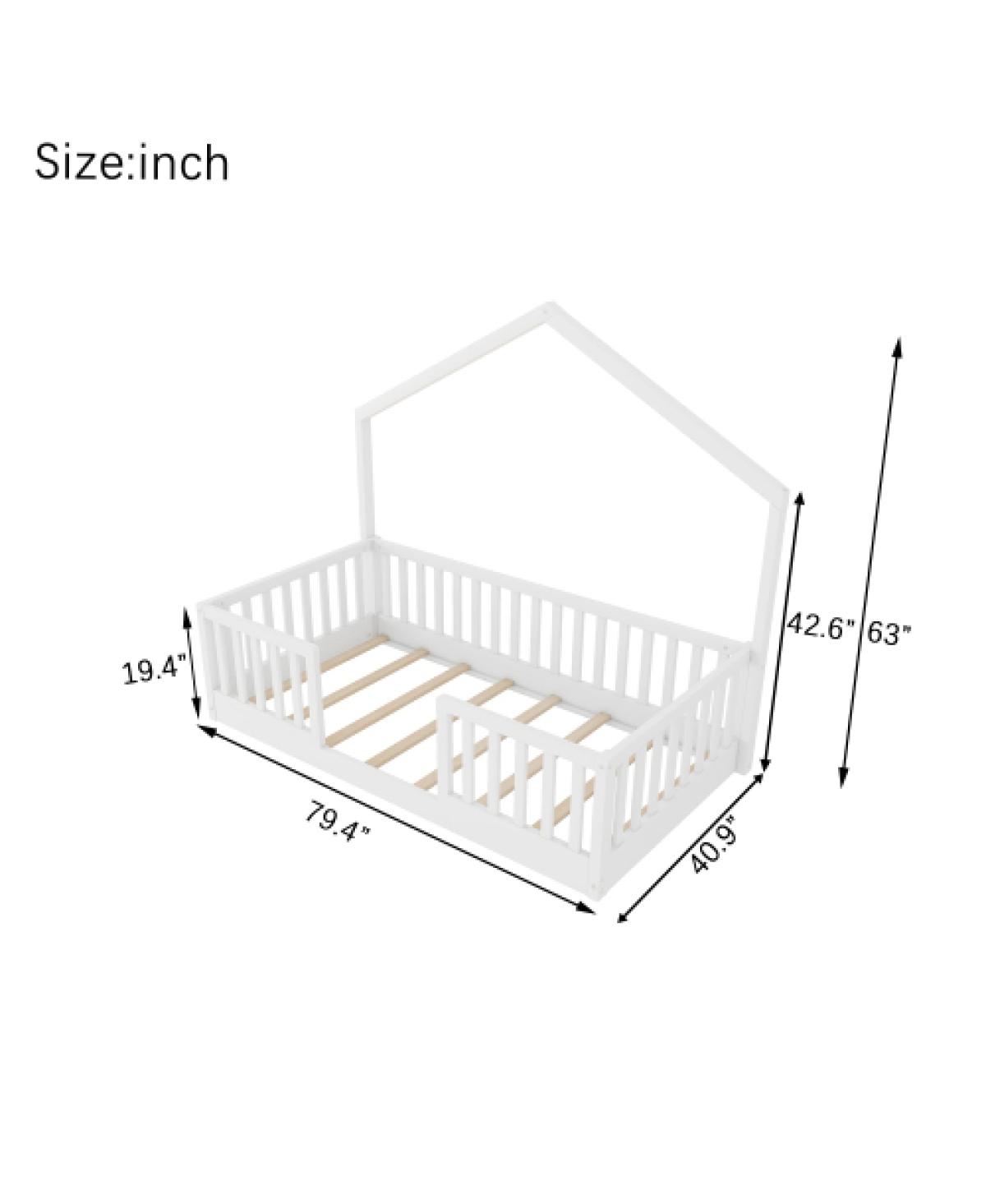 Streamdale Furniture Twin Floor Bed with High Rails and Light for Kids