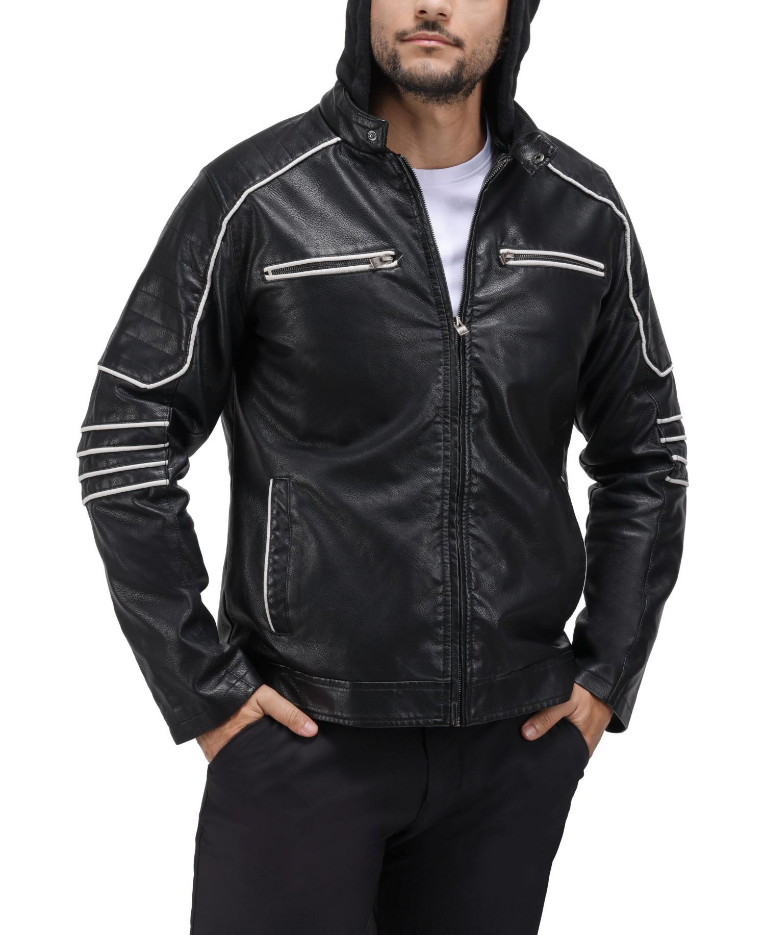 XRAY Men's Grainy PU Moto Jacket With Hood and Faux Shearling Lining