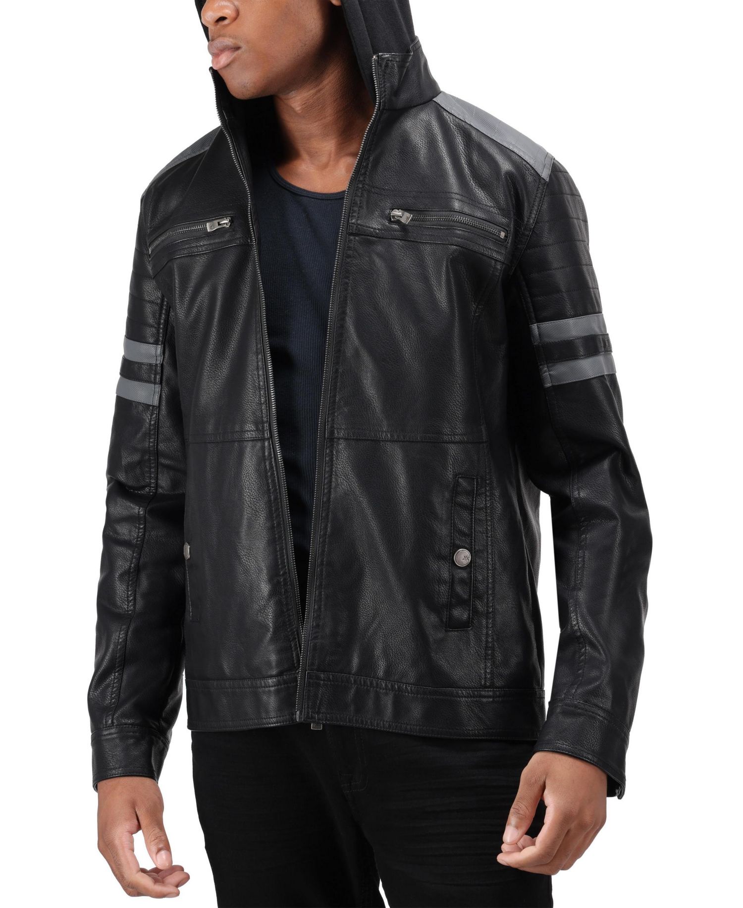 XRAY Men's Grainy PU Leather Hooded Jacket With Faux Shearling Lining