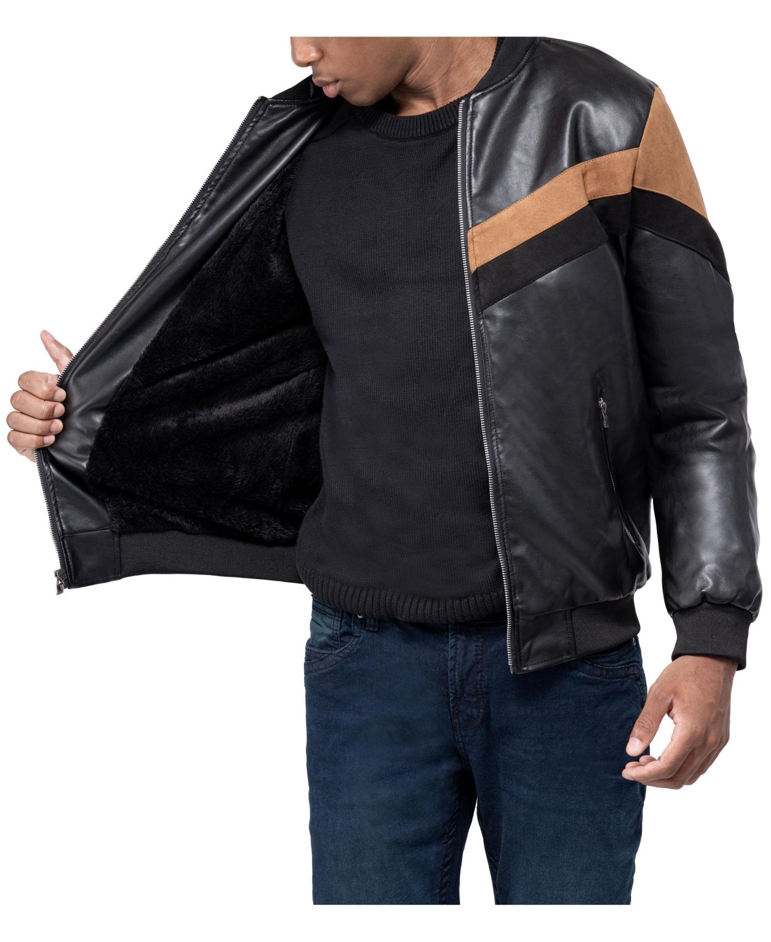 XRAY Men's Shiny PU Hooded Jacket With Faux Suede Detailing And Faux Shearling Lining
