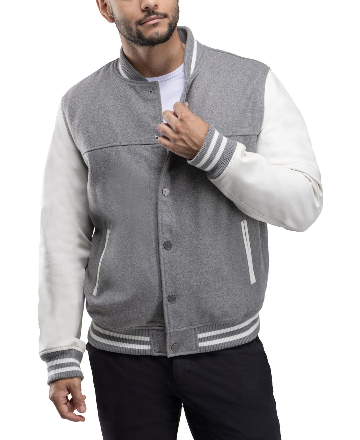 Мужская куртка X-Ray Wool Varsity Bomber With PU Sleeves, цвет: Серый / Белый — фото 5