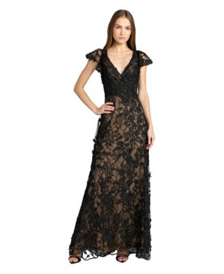 Women's Embroidered Applique Wrap Over Flutter Sleeve Gown