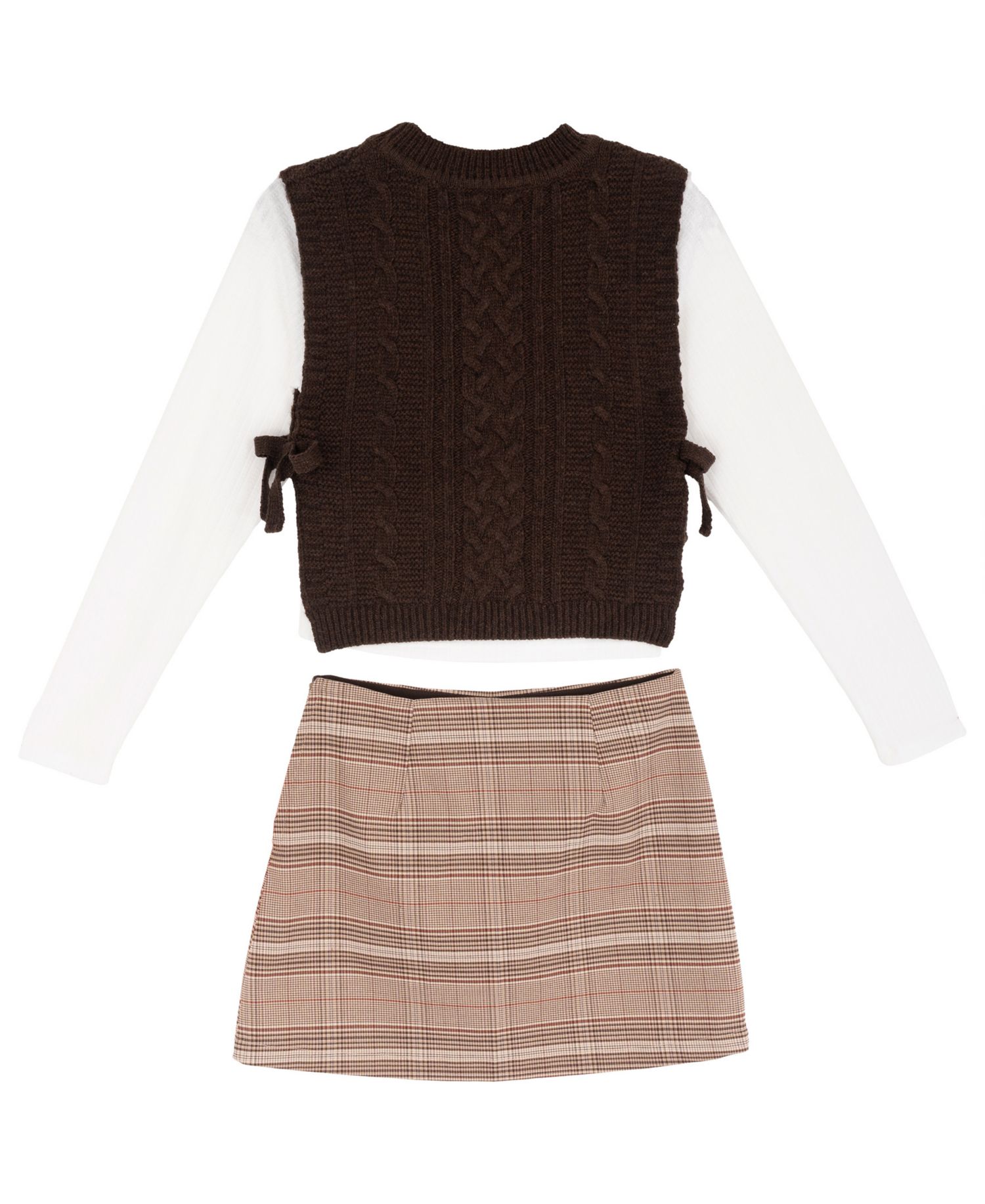 Girls' 7-12 Cable Knit Sweater Vest, Long-Sleeve T-Shirt and Plaid Ponte Skort, 3-Piece Set
