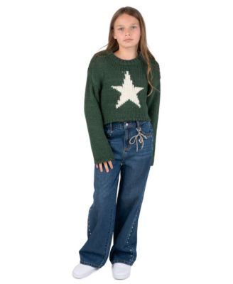 Girls' 4-16 Star Graphic Chunky-Knit Wide-Leg Denim Sweater, Pants and Necklace, 3-Piece Set