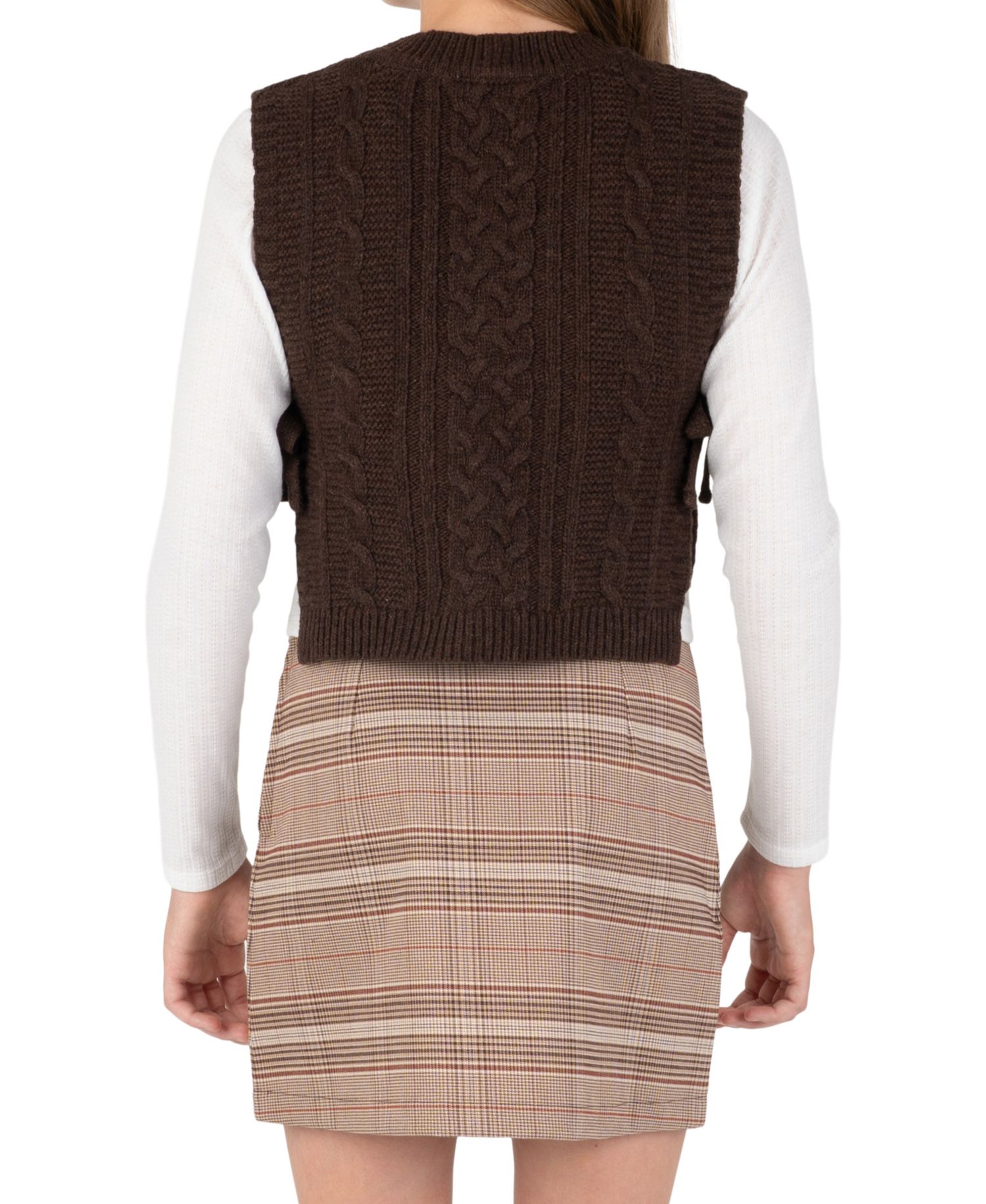 Girls' 7-12 Cable Knit Sweater Vest, Long-Sleeve T-Shirt and Plaid Ponte Skort, 3-Piece Set