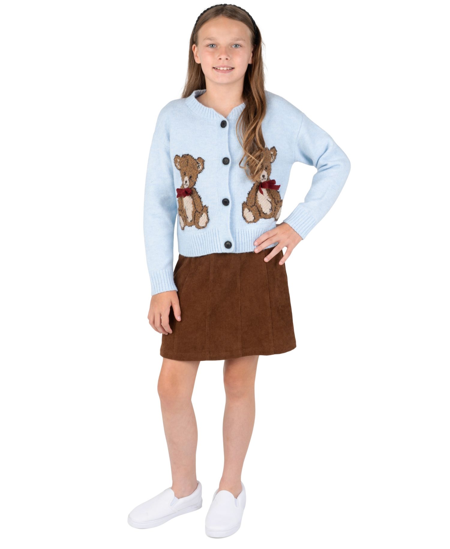 Girls' 7-16 Teddy Bear Cardigan and Corduroy Jumper Dress, 2-Piece Set