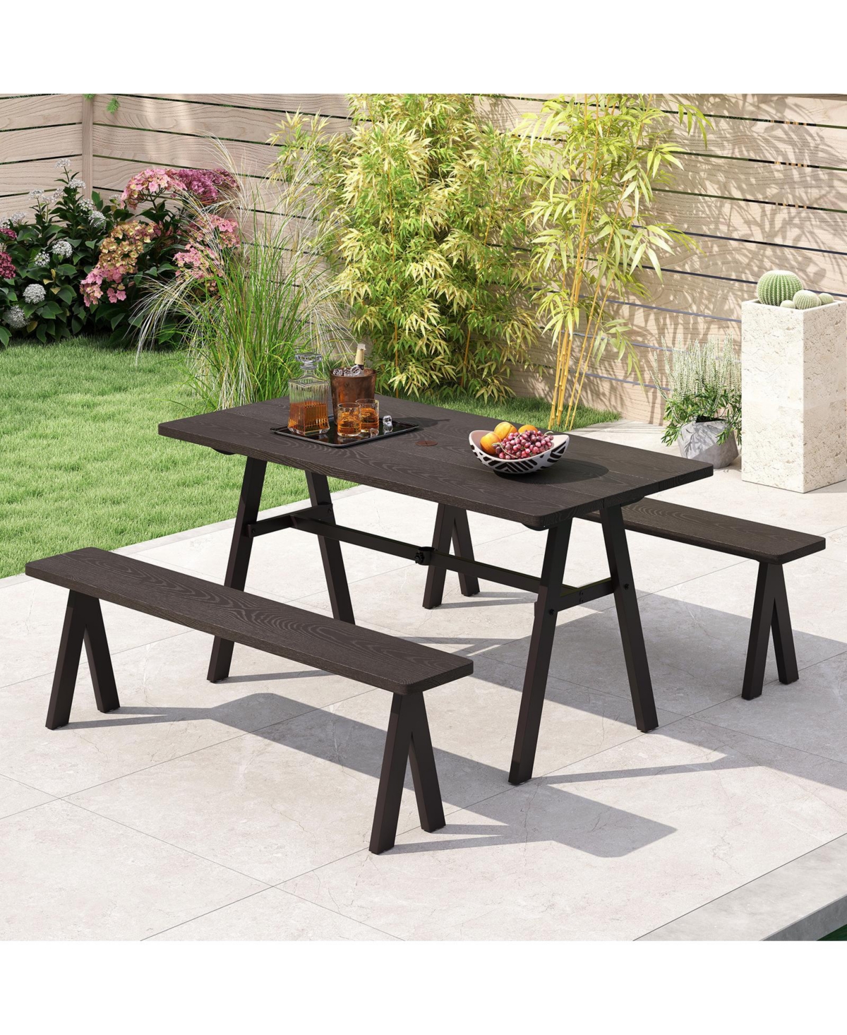 Gymax 3 Pieces Outdoor Picnic Table and Benches Set for 6 People 1.93'' Umbrella Hole